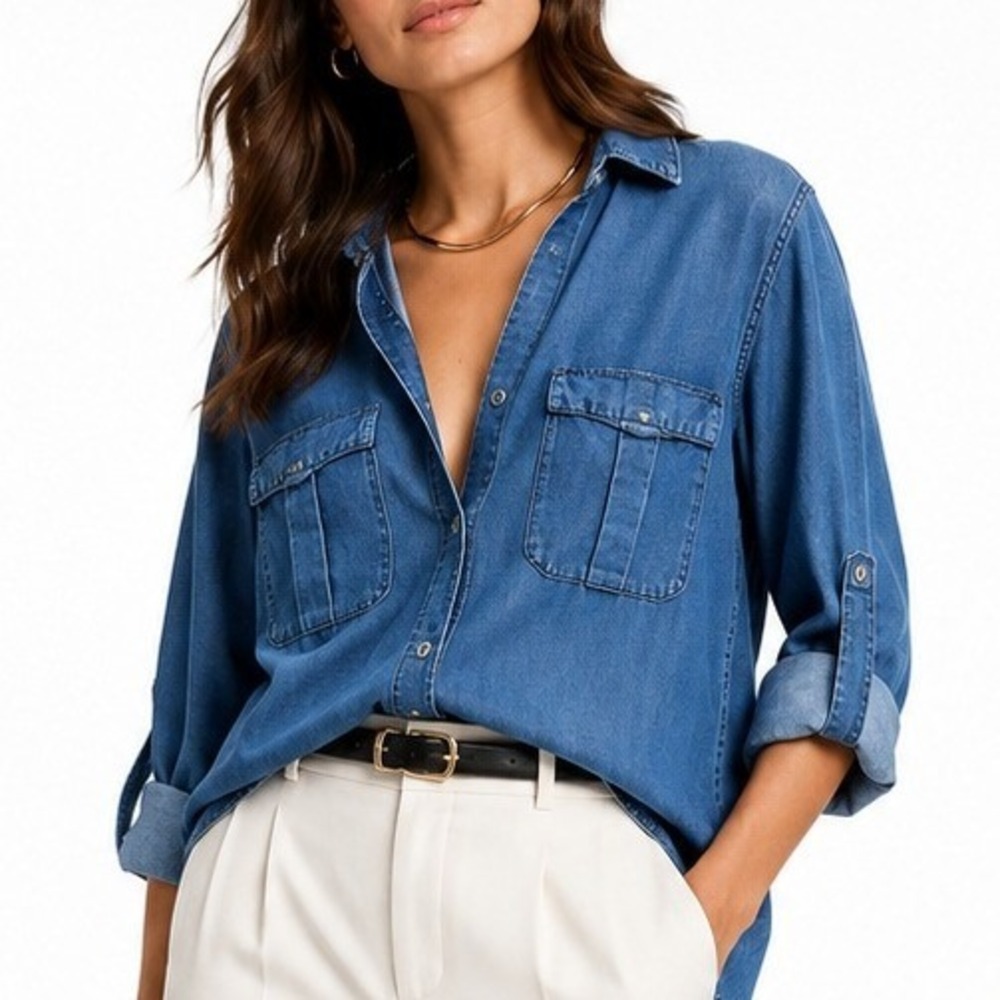 Zara Denim Blue Tencel Lyocell Button Down Shirt V-Neck Small Convertible Sleeve
